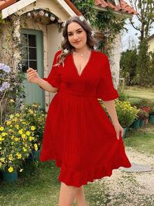 MOOSTA Vestido diario de talla grande para mujer de unicolor y escote en V, para el Año Nuevo, vacaciones y playa - Rojo - Ver 5