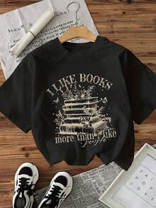 I Love Books More Than People. Women's Casual Short-Sleeved T-Shirt With A Bohemian Floral Design, Ideal For Book Lovers. Round Neck, Simple And Elegant, Suitable For Summer, Perfect For Casual Everyday Wear, A Gift For Book Lovers. Black. - 黑色 - 查看 3