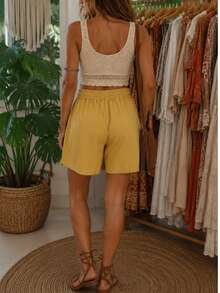 Bermuda ligera mujer short unicolor con costura de contraste, pantalón corto con cintura ajustable dama para vacaciones - Amarillo - Ver 2