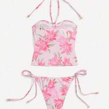 MOD 2pcs/Set Halter Neck Ruffled Floral Print Top With Side Tie Triangle Bottom Swimsuit,Tank Tops, Cute, Kawaii - Amarillo - Ver 3