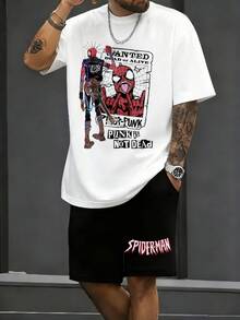 Spider Man Punk Wanted Poster Men's 2 Piece Outfits 100% Cotton T-Shirt And Shorts Set Marvel Superhero Graphic, Streetwear Casual Summer Clothes For Men Summer Clothes Gifts - trắng - Xem 1