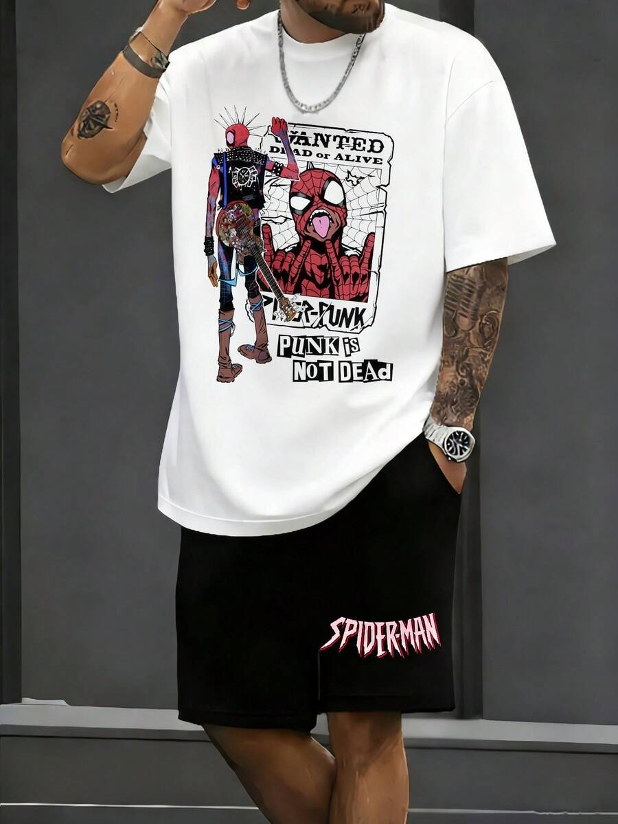 Spider Man Punk Wanted Poster Men's 2 Piece Outfits 100% Cotton T-Shirt And Shorts Set Marvel Superhero Graphic, Streetwear Casual Summer Clothes For Men Summer Clothes Gifts - trắng - Xem 1