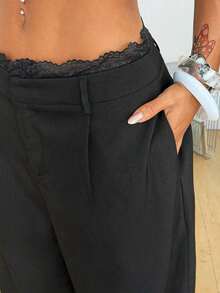 Pantalones de mujer negros tejidos para ir al trabajo con encaje y pliegues en contraste - Negro - Ver 2