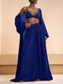 Conjunto de kimono y pantalones palazzo elegantes y casuales para la playa, 2026 - azul real - Ver 3