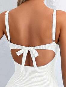Traje de baño de una pieza sexy para mujer con rayas, encaje cruzado en la espalda - Blanco 2 - Ver 5