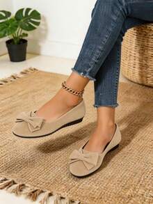 Bow Decor Suede Flats For Women, Casual Slip-On Loafers, Lightweight & Non-Slip, Suitable For Daily Occasions, Ideal Birthday & Holiday Gift - Khaki - View 5