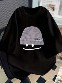 Camiseta de cuello redondo informal y versátil para mujer, con gorro de punto y estampado de carita sonriente, con un estilo versátil.Suitable for spring, summer and autumnmaija - Negro - Ver 7