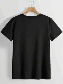 Elegante Camiseta para Uso Diario: 1 pieza de camiseta de manga corta con cuello redondo para mujer de talla grande, con un estampado artístico bajo el título "Minimalista con Inteligencia", cómoda y agradable al tacto, lavable a máquina, adecuada para uso diario, disponible en tallas más grandes, Camiseta de Moda Chic. - Negro - Ver 2