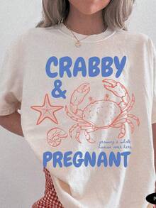 Camiseta Crabby and Pregnant, camiseta linda de maternidad con cangrejo, camiseta divertida para anunciar el embarazo, camiseta de verano para chicas embarazadas. Camiseta unisex de algodón puro de 220 g, peso ideal para todas las estaciones, adecuada tanto para hombres como para mujeres. Tejido duradero de alta calidad, suave al tacto y de larga duración. Top transpirable. Adecuado para la primavera y el verano de las mujeres, vacaciones, Día de la Madre, Día de la Independencia. - Blanco - Ver 1