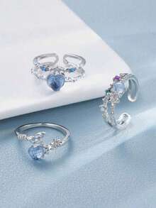 Bộ 3 chiếc nhẫn kiểu Y2K hình nơ, trái tim và đá đính, thích hợp cho nữ, dùng hàng ngày, dự tiệc, làm quà Giáng sinh. - Bạc - Xem 4
