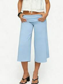 Y2K Fold-Over Waist Wide Leg Cropped Culottes, Low-Rise Casual Knit Pants For Women, Multi-Color Options - Blue - View 3