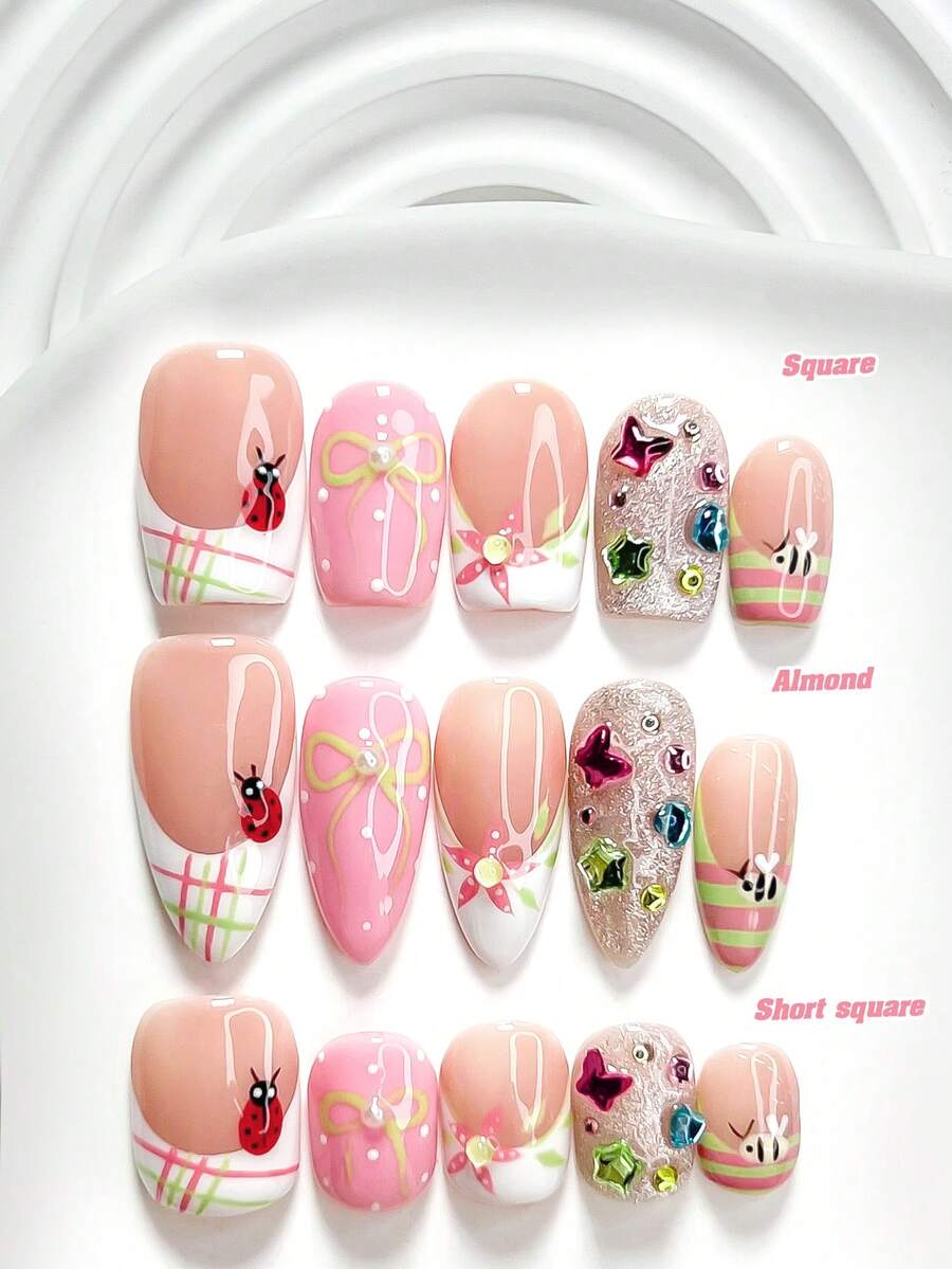 10pcs Handmade Fairy Tale Style Nail Art Stickers, Gel Nail Kit, Heart, Butterfly & Star Colorful Rhinestone Nail Decorations, Flower, Insect, Bow Nail Art Decals, Pink, Green & White Nail Polish, Fresh Style, Includes Nail Tools (1 Jelly Sticker + 1 Nail File), 3 Sizes Available: Square, Short Square, Almond, Suitable For Parties, Daily Wear, Photoshoot, Spring/Summer Commute - Multicolor - View 1