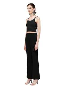 Rich Radi Q's Women's Solid Color Woven Non-Stretch Flare Pants With Distinctive Slit Detail - Black - View 2