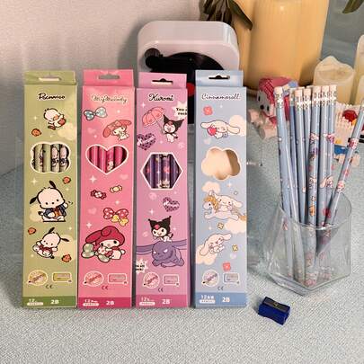SANRIO 12 st/set Kuromi kanelhundpennor med suddgummi, set med pappersmaterial för skolstart, 12 st/set träpennor, pennvässare, tecknad brevpapperskombination, medelskärpa, lätta dekorativa skrivtillbehör, kontorsmaterial