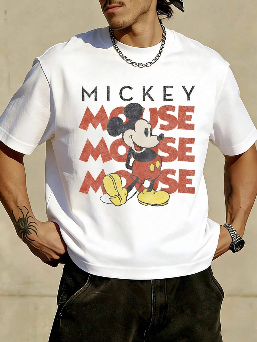 Unisex Disney Mickey Repeat Text Tee, Vintage Print, Casual Fit, Minimalist & Stylish. - 白色 - 查看 1