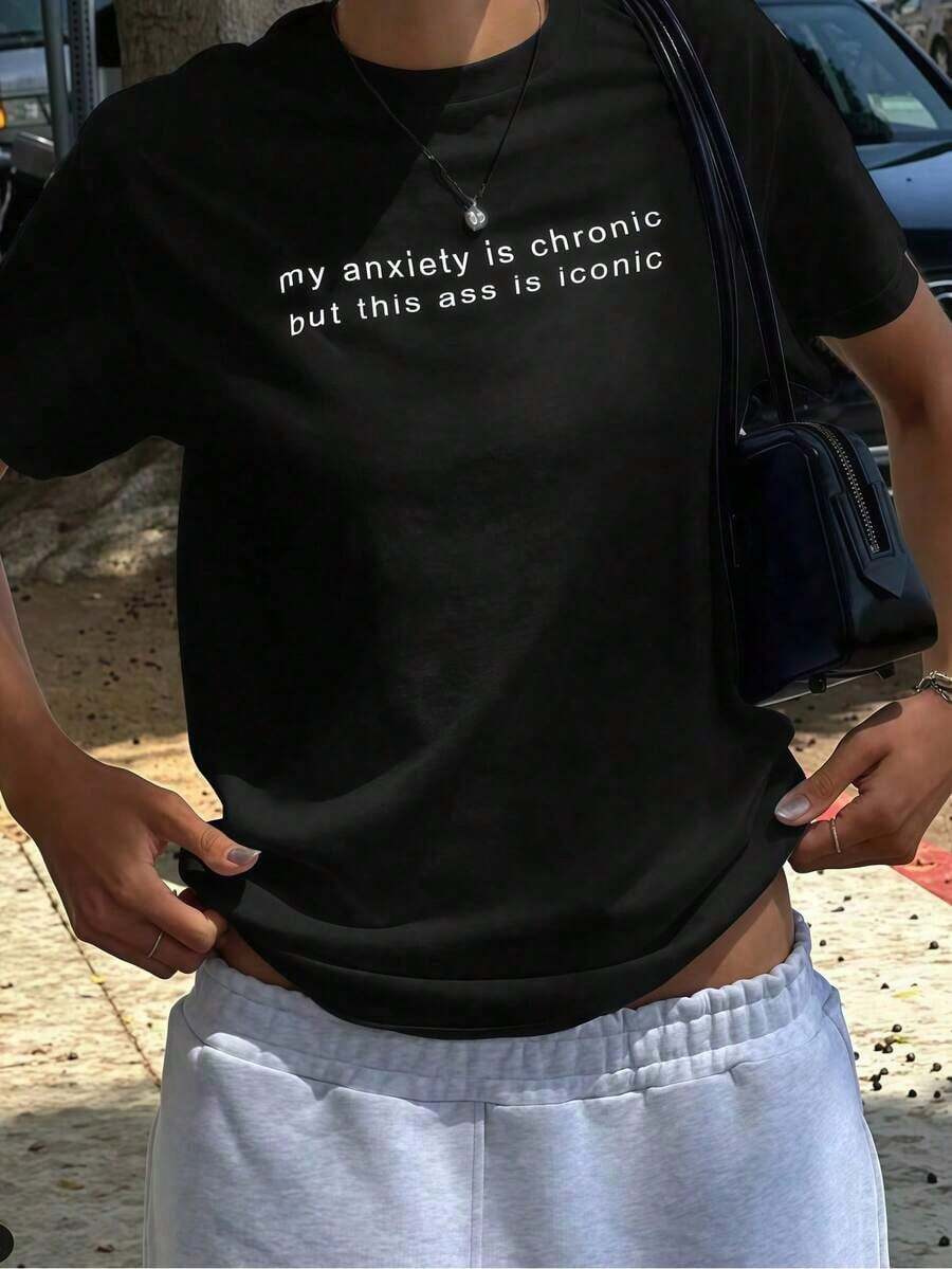 1 pieza de ropa para mujer, camiseta negra con estampado de eslogan divertido, camisetas, top blanco, camisetas gráficas para mujer, camiseta unisex casual de cuello redondo, tela de punto ligera de 220 g/m², lavable a máquina, para primavera/verano/otoño, Halloween, Navidad, Día de San Valentín. - Negro - Ver 1