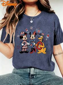 Disney Mickey Mouse Minnie Mouse Pluto 250 Years Independence Day USA Flag Fireworks Graphic Crew Neck Casual Short Sleeve T-Shirt, Women's Patriotic Summer Top - 寶藍色 - 查看 1