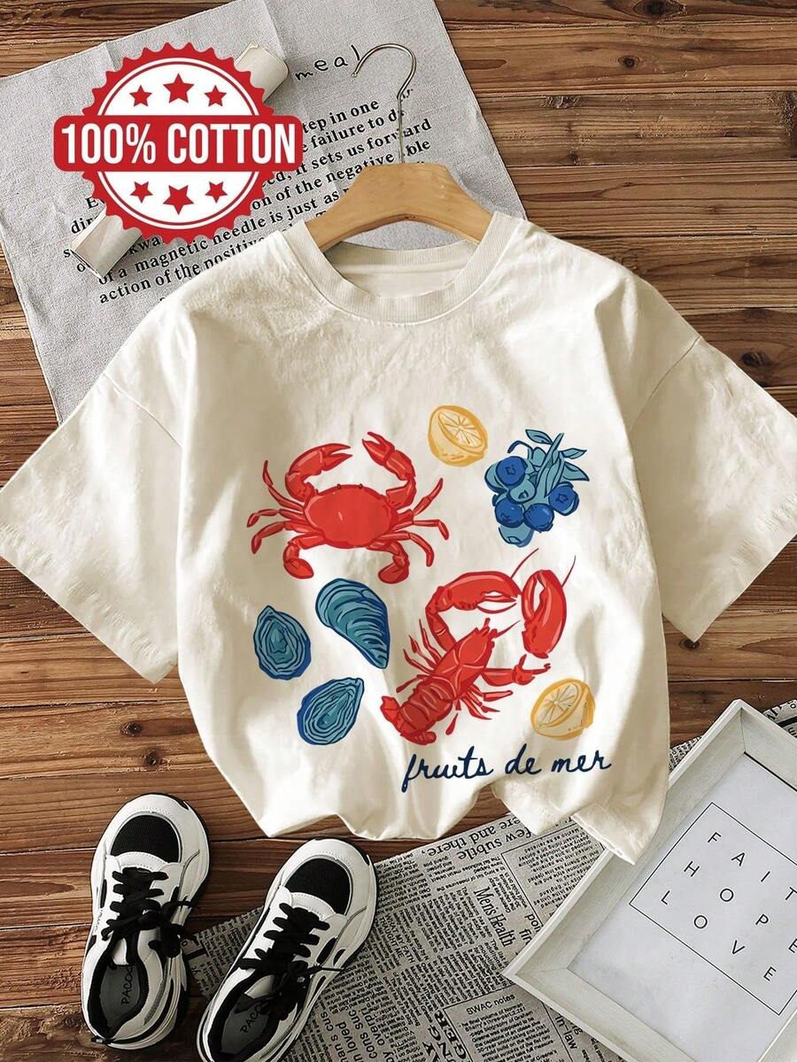 Camiseta casual de manga corta para mujer con estampado de mariscos y limones dibujados a mano, cuello redondo, corte regular - Estilo vintage urbano, unisex, holgada, de algodón, de manga corta y cuello redondo. Blusas para mujer. blusas.blusas casuales para dama. - Albaricoque - Ver 1