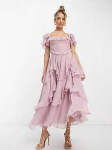 Vestido largo elegante con volantes espalda descubierta y corte calado para vacaciones - Rosa vieja - Ver 3