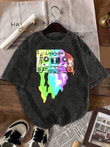 Camiseta con diseño de grafiti a la moda. Camisa vintage lavada. Crea fácilmente un estilo retro casual. Muy adecuado para viajes diarios, reuniones informales y uso cotidiano. Ropa Clásica Vintage para Mujer - Negro - Ver 7