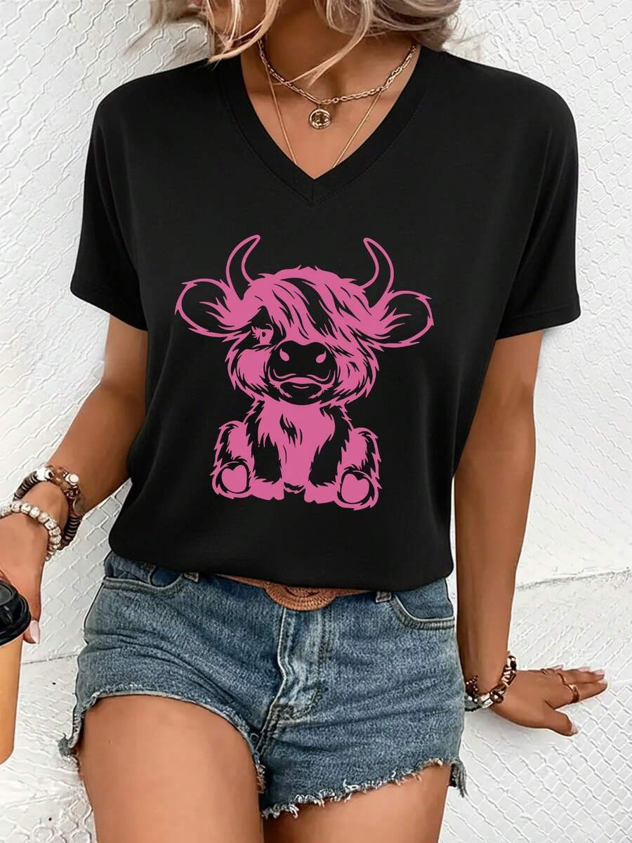 Casual T-Shirt New Women's Short Sleeve V-Neck T-Shirt For Spring And Summer, With A Stylish Printed Design, Made Of Soft And Comfortable Fabric, Easy Care And Machine Washable, Perfect For Outings And Home Wear During Spring And Summer 100% Cotton Durable - 黑色 - 查看 1