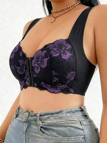 1pc Front Closure Embroidered Plus Size Bra - Random Printed Front Closure Daily Underwear - Black - View 5