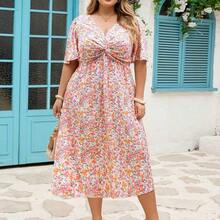 CURVE+ Plus Size Women's Floral Ruffle Short Sleeve Casual Vacation Dress, Summer Clothing - Rosa - Ver 8