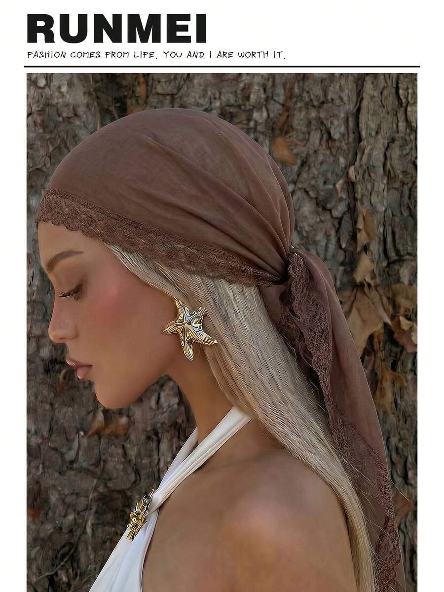 1pc Women's Elegant Solid Color Square Lace Trim Headscarf, Multifunctional As Headscarf, Shawl, Headband And Hair Accessory, Suitable For Use In Mosques, Lightweight For Summer, Fashion Casual Accessory - Brown - View 1