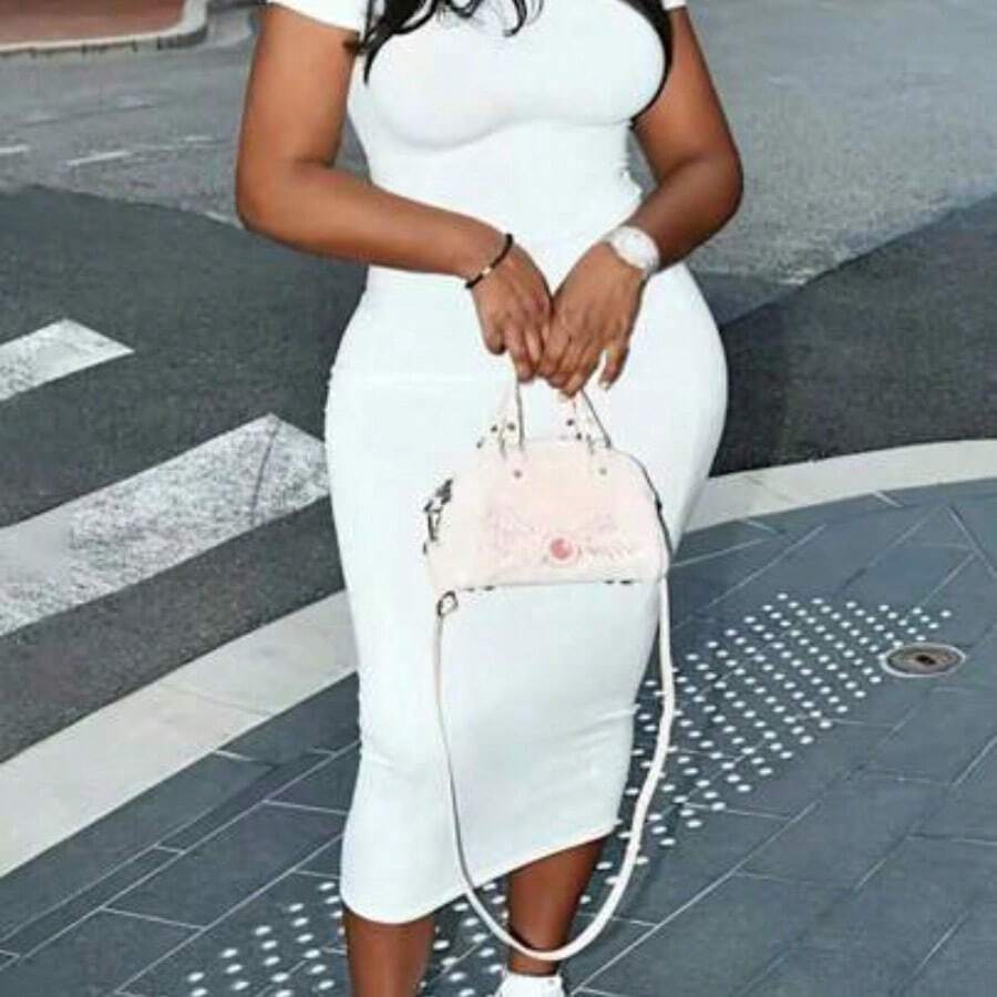 Plus Size Ladies' Plain Round Neck Short Sleeve Bodycon Dress - Blanco - Ver 1