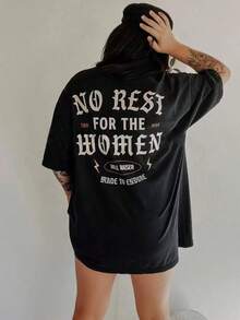 Women "No Rest For The Women" Slogan Print Round Neck Short Sleeve T-Shirt  Cuello Redondo Algodón 100% Tejido Suave Manga Corta Transpirable y Fresca - Negro - Ver 7