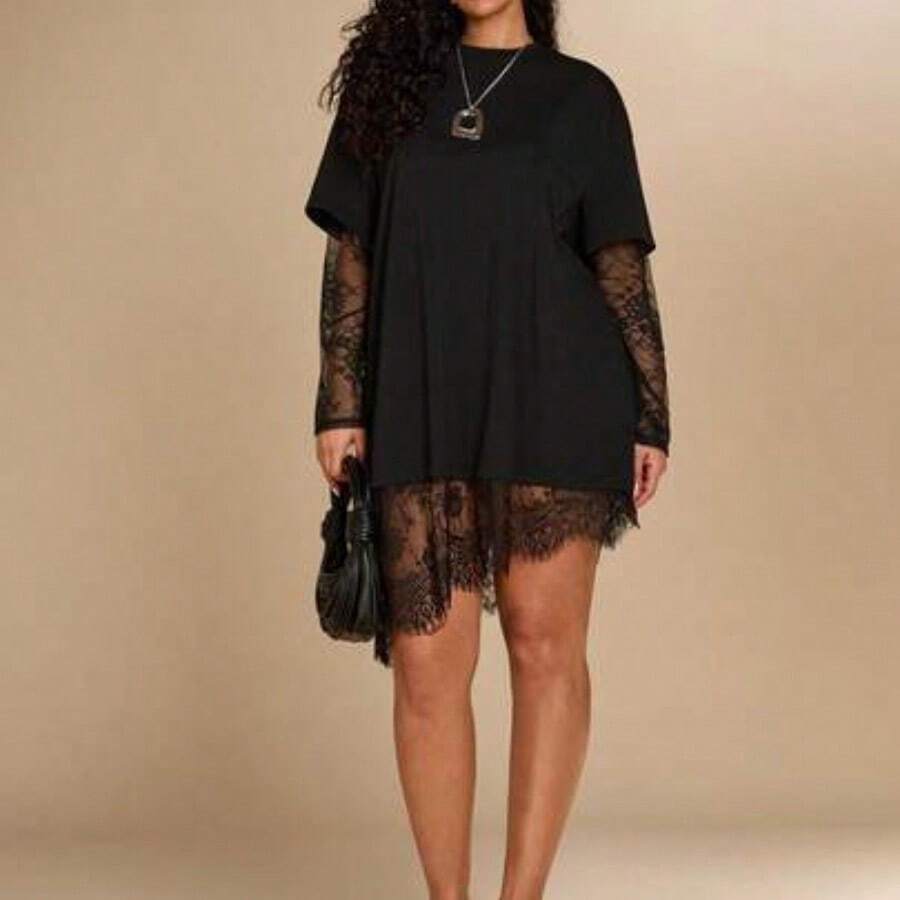 Plus Size Women's Black Short Sleeve Lace Patchwork Top, Spring & Summer Outfit Women's Casual Solid Color Asymmetrical Hem Lace Patchwork T-Shirt, Basic Everyday Wear, Spring/Summer Casual Top For Women Vacation Outfits Women Summer Holiday Outfits Holiday Outfits For Women Vacation Outfits For Women Summer Outfits Summer Outfits For Women Spring Outfit Women Spring Break Outfits Beach Dress Beach Outfits For Women Beach Outfit For Women Casual Blouses For Women Going Out Top Going Ou - Negro - Ver 1