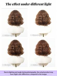10 Inch Light Brown Wavy Bob Wig With Bangs, Natural Silky Texture Heat Resistant Synthetic Hair, Anti-Tangle Anti-Shedding Breathable Cap, Realistic Look Trending Viral Hairstyle For Daily Wear, Party, And Photoshoot Popular Women Hair Accessory - màu nâu - Xem 8
