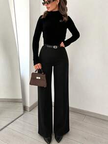 SMILE CHI Women's Casual Stretch Straight Leg Dress Pants For Commute, Daily Wear And Office (Belt Not Included) Black - Black - View 4