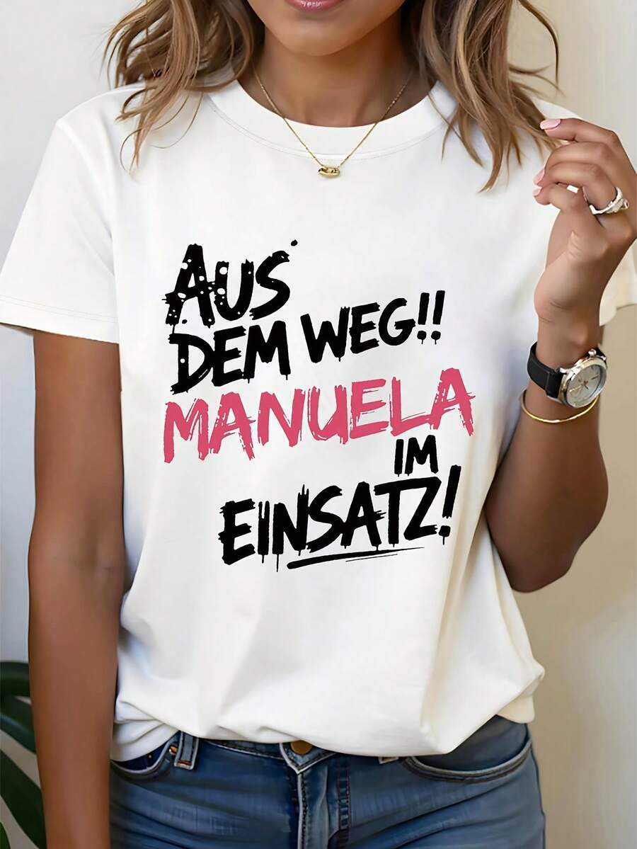 Summer Is Almost Over!! Manuela Is On Duty! - Women's Crew Neck T-Shirt With Custom Letter Print, For Spring And Summer, Loose And Comfortable. - White - View 1