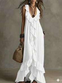 Vestido nuevo para mujer, estilo boho urbano, mangas cortas, cuello V, detalles de volantes, aire retro, cómodo y favorecedor, perfecto para paseos, citas y looks de día - Blanco - Ver 2