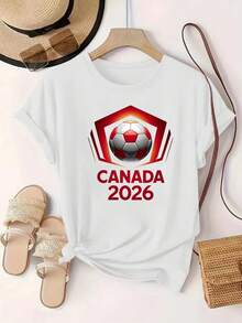Camiseta de Mujer con Estampado de Fútbol y la Inscripción CANADA 2026, Cuello Redondo Estándar - Negro - Ver 1