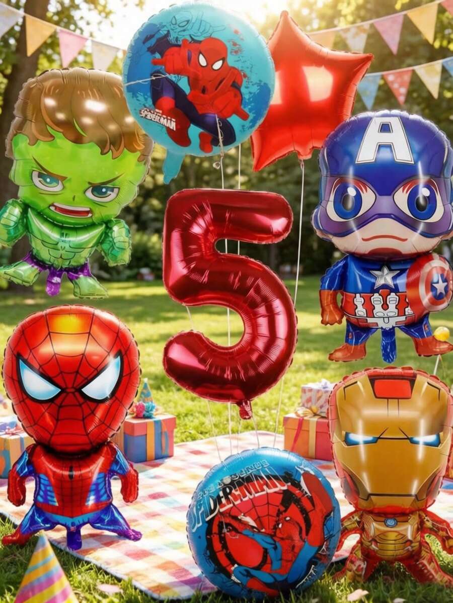 9pcs Marvel Avengers Cartoon Balloons - Birthday Party Decoration Set, Including Spider-Man, Iron Man, Suitable For Children's Celebration Activities And Gifts/Bouquets - Set - View 1