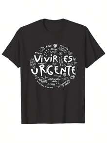 Men's 180g Cotton T-Shirt With Spanish Print VIVIR Urgente And English Print Life Is Urgent - Loose And Comfortable Fit With Round Neck And Short Sleeves, Suitable For The Gym, Casual Wear, Travel, With Spanish Phrases, Machine Washable. - Black - View 1