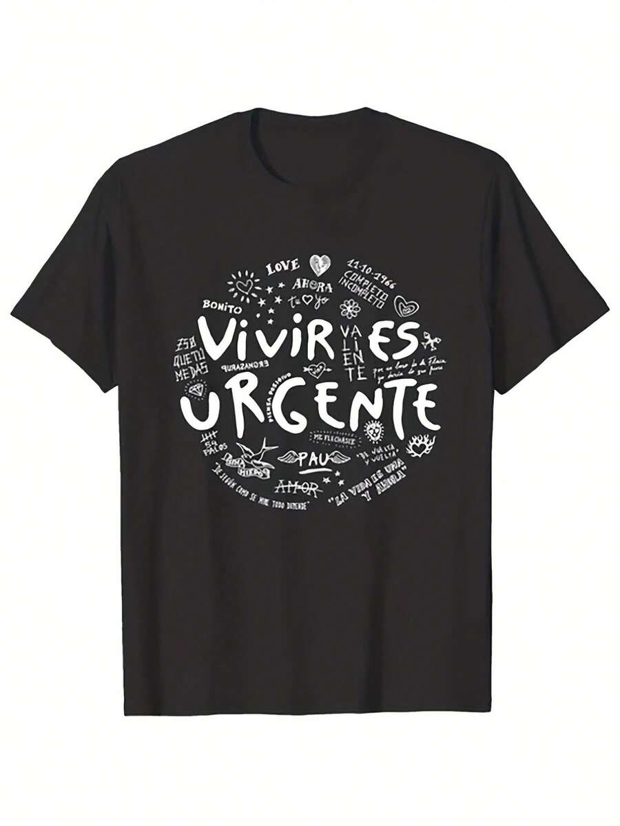 Men's 180g Cotton T-Shirt With Spanish Print VIVIR Urgente And English Print Life Is Urgent - Loose And Comfortable Fit With Round Neck And Short Sleeves, Suitable For The Gym, Casual Wear, Travel, With Spanish Phrases, Machine Washable. - Black - View 1