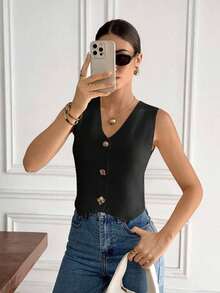 Chaleco elegante de mujer de unicolor con cuello en V sin mangas, decorado con botones metálicos, para verano, playa, vacaciones, estilo boho, tropical, casual, de oficina, de salida elegante, para la escuela y vacaciones, color albaricoque - Negro - Ver 7