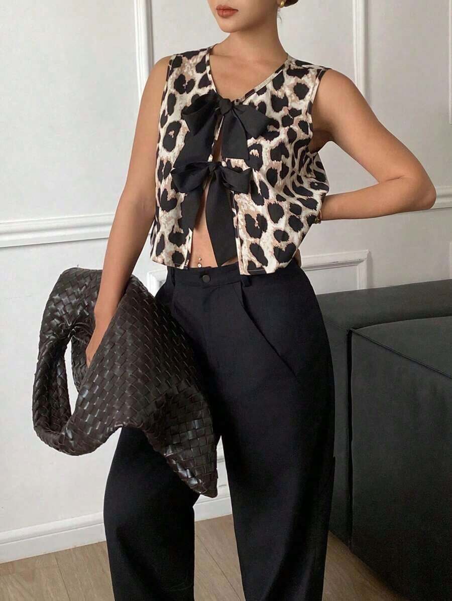 Camisa casual con nudo delantero con estampado de leopardo para mujer - Multicolor - Ver 1