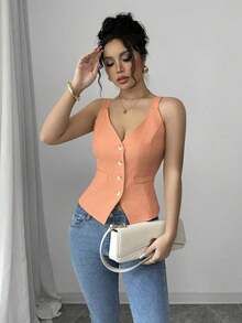 Camiseta sin mangas de un solo pecho de unicolor casual para mujer - Naranja - Ver 6