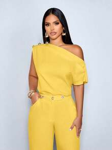 Blusa elegante de un solo hombro con botones metálicos, sin mangas, de unicolor, para uso en la oficina, citas, eventos y uso diario modesto - Amarillo - Ver 5