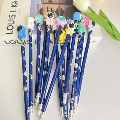 1/3/5pcs Astronaut Spacesuit Decorative Pencils, Navy Blue Planet Pencil Barrel, Suitable For School, Office, Study, Drawing, Note-Taking