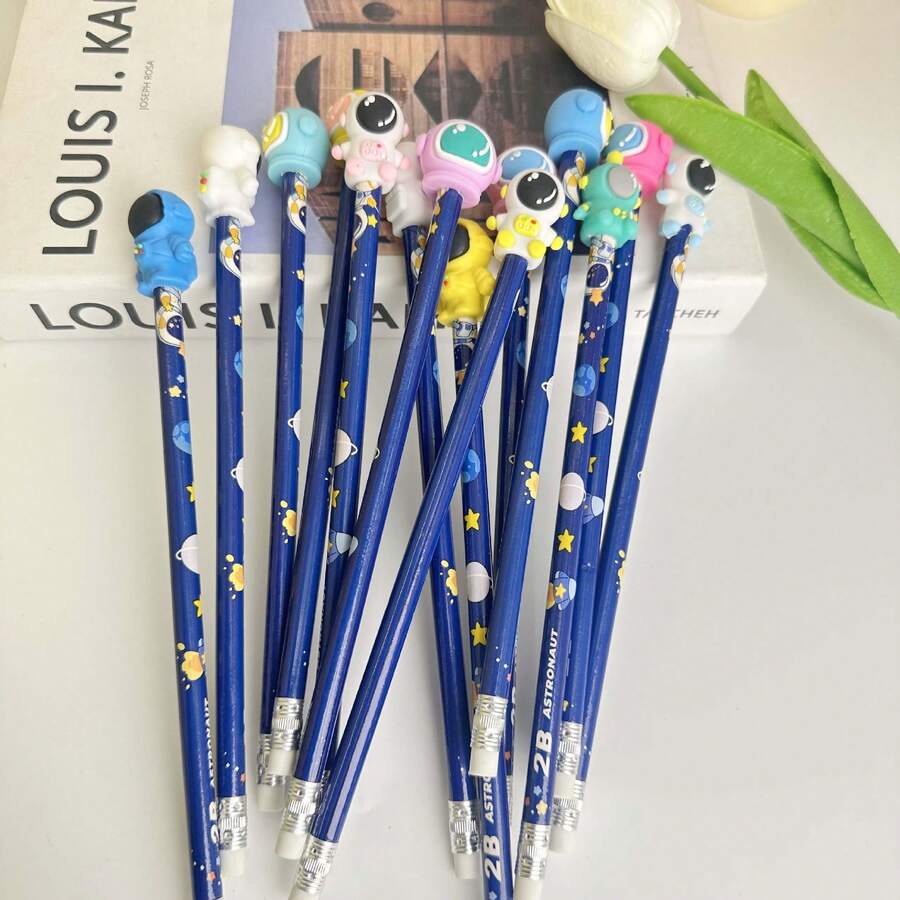 1/3/5 chiếc Bút chì gỗ 2B chủ đề phi hành gia, màu xanh hải quân, hình ngôi sao thiên hà, có tẩy ở đầu, đồ dùng văn phòng phẩm chủ đề không gian dễ thương cho trường học, luyện viết, phác thảo, vẽ và chuẩn bị cho năm học mới.