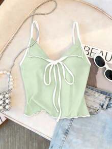 Top de tirantes con lazo y ribete de lechuga en contraste, elegante y ajustado, top para salir para mujeres, apto para el estilo del milenio - Verde - Ver 1
