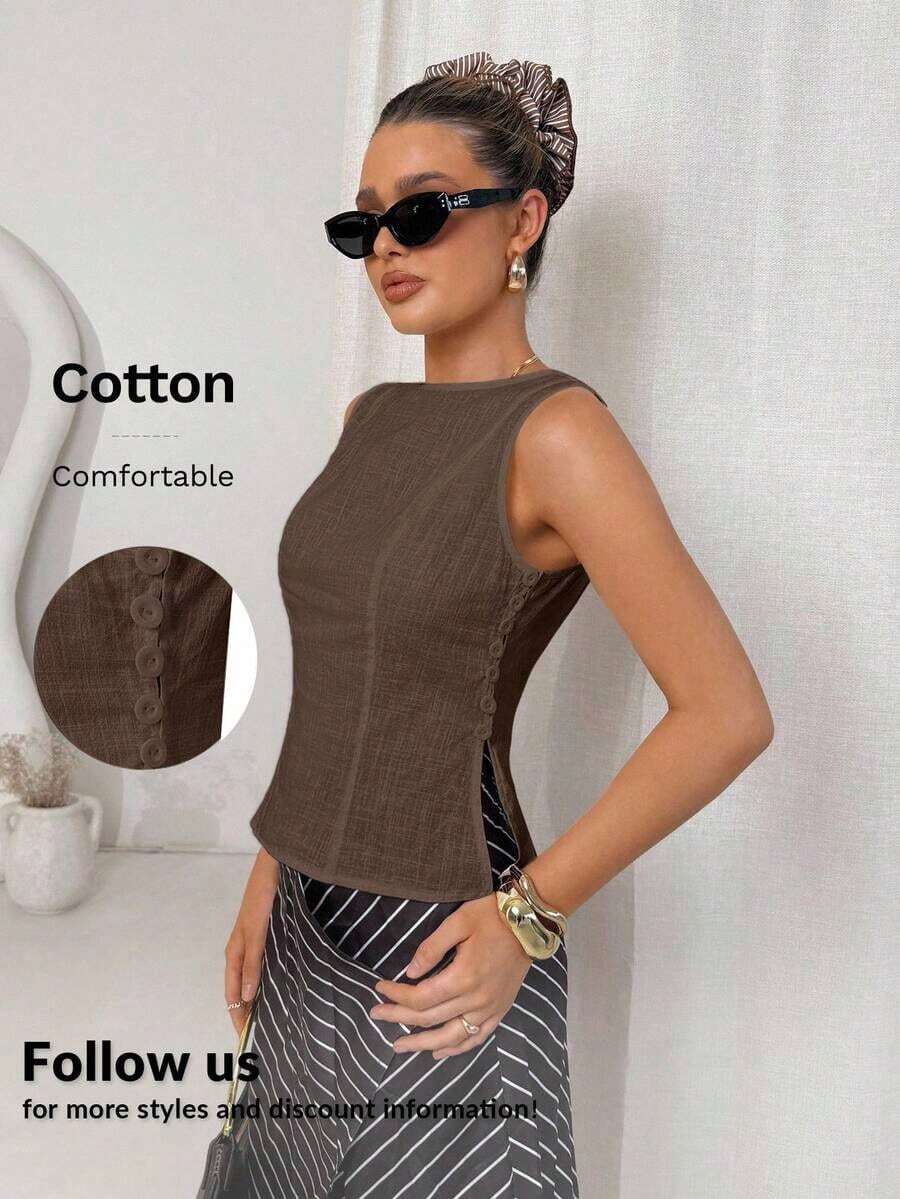 Camisa blanca sin mangas de algodón y lino, ajustada, con botones de nudo de bambú, estilo vintage para oficina - Café integral - Ver 1