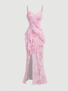 Vestido largo con abertura alta, cuello en V y volantes, con estampado de teñido anudado, vestidos de verano para mujer, vestidos en tonos pastel, vestido de fiesta, atuendo de fiesta, vestido de playa, atuendos de playa para mujer, vestidos ele - Rosa - Ver 1