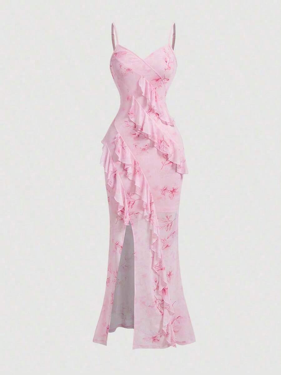 Vestido largo con abertura alta, cuello en V y volantes, con estampado de teñido anudado, vestidos de verano para mujer, vestidos en tonos pastel, vestido de fiesta, atuendo de fiesta, vestido de playa, atuendos de playa para mujer, vestidos ele - Rosa - Ver 1