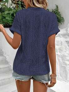 Camiseta suelta de mujer de manga de murciélago con escote en pico, de tela texturizada de unicolor, para verano y vacaciones - Azul 2 - Ver 2